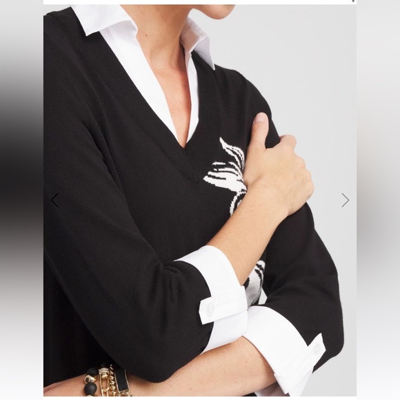 Chico’s Black White Floral Lily Print Built-In Shirt Knit Sweater 2fer Sz 2 - Picture 4 of 5